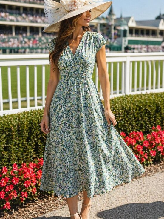 eshakti Dresses & Skirts - eShakti Green Floral Cap Sleeve Cotton Maxi Dress Lined Size Medium